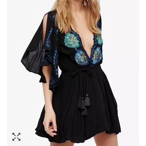 Free People Black Mini Dress with Blue and Green Embroidery
